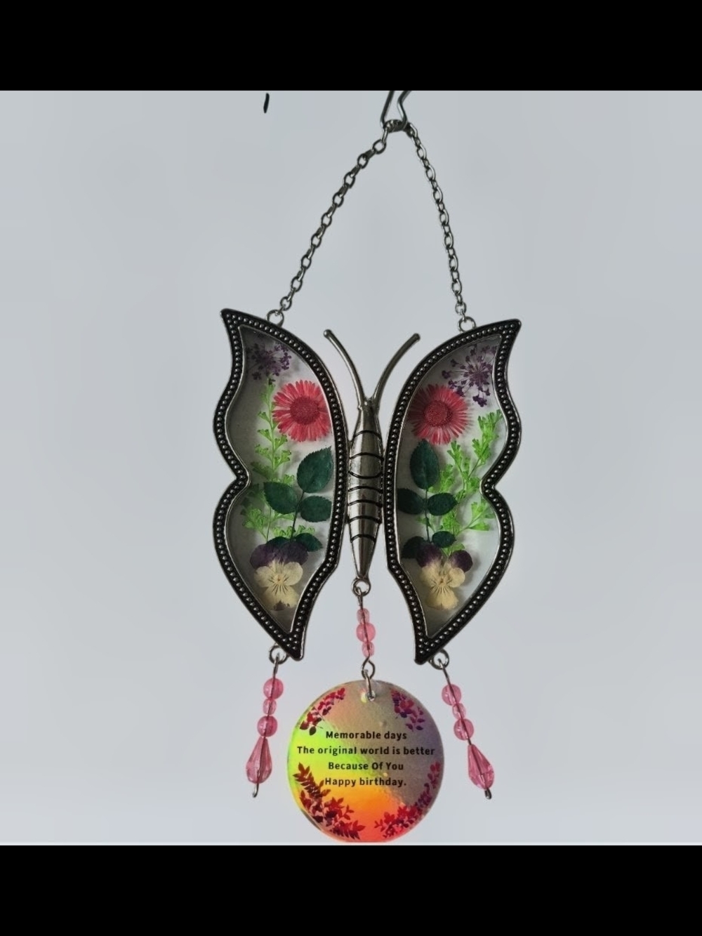 NIB Butterfly Suncatcher with Real Pressed Flowers - Birthday Gift Box